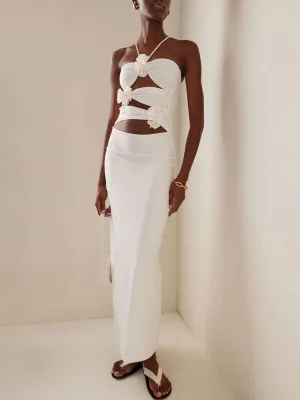 Halter Neck Long Bodycon Dress with Flower Embellishments and Cutouts