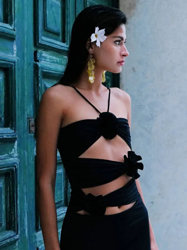Halter Neck Long Bodycon Dress with Flower Embellishments and Cutouts