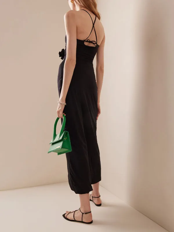 Halter Neck Long Bodycon Dress with Flower Embellishments and Cutouts