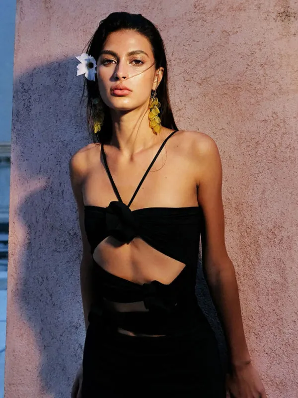 Halter Neck Long Bodycon Dress with Flower Embellishments and Cutouts