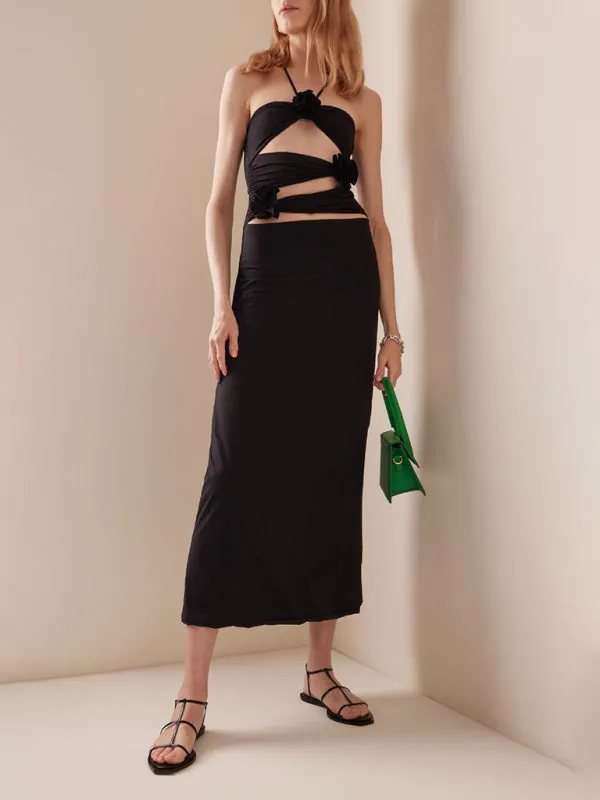 Halter Neck Long Bodycon Dress with Flower Embellishments and Cutouts