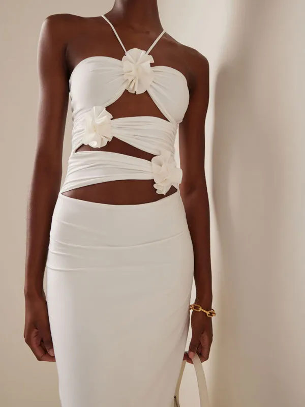 Halter Neck Long Bodycon Dress with Flower Embellishments and Cutouts