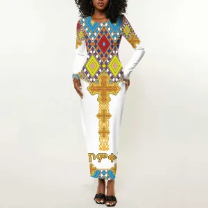 Happy Ethiopian Timkat Long Sleeve Bodycon Dress Cross Mix Tilet Pattern LT15
