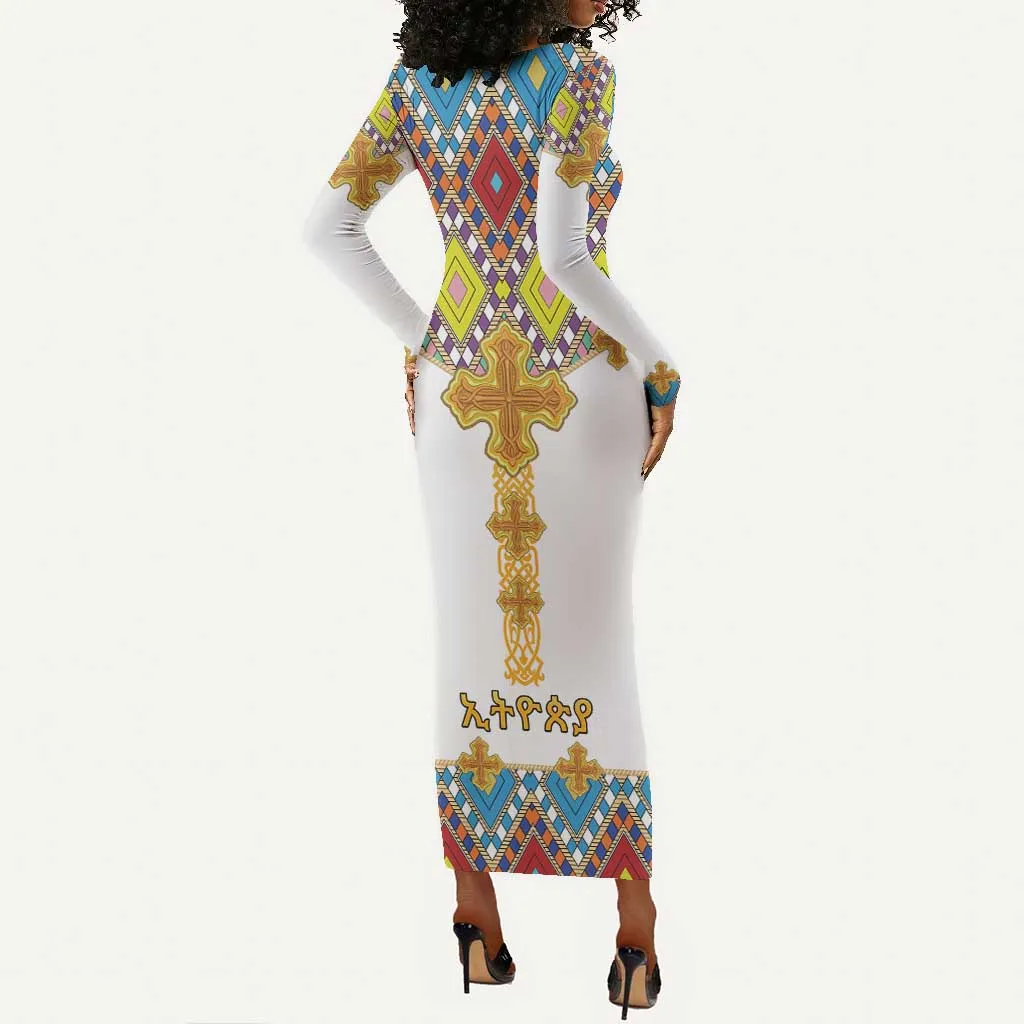 Happy Ethiopian Timkat Long Sleeve Bodycon Dress Cross Mix Tilet Pattern LT15