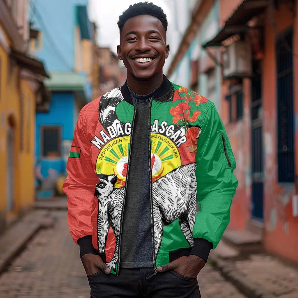 Happy Madagasikara Independence Day Sleeve Zip Bomber Jacket Ring-Tailed Lemur With Seal LT15