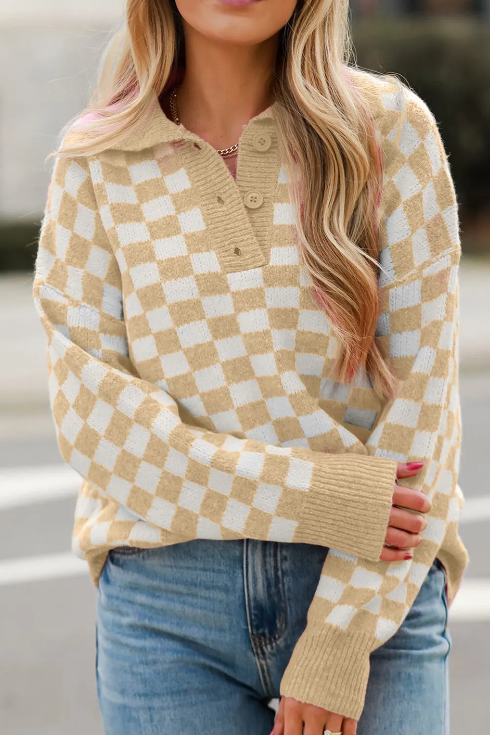 Hazel Blues® |  Checkered Collared Neck Long Sleeve Sweater