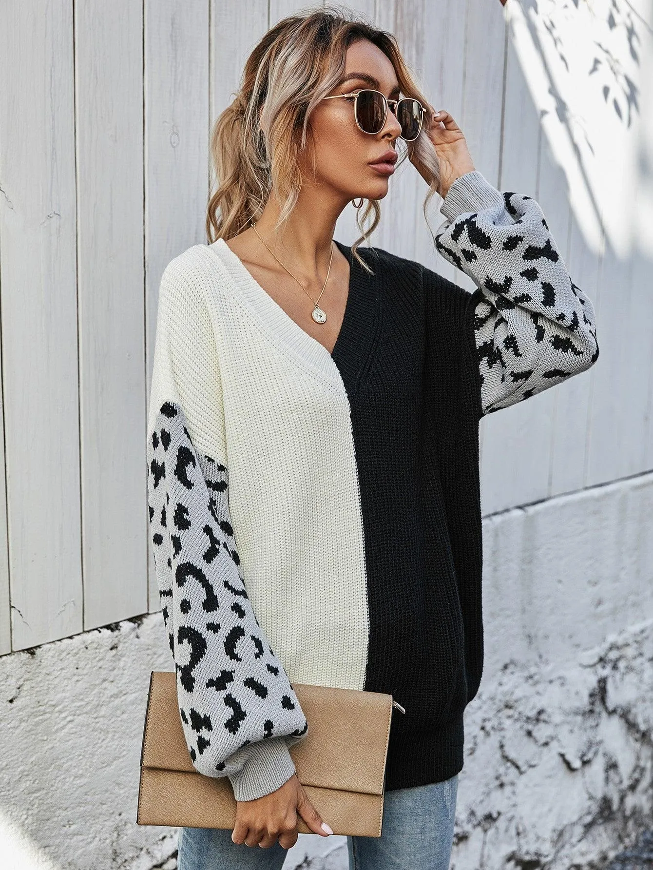 Hazel Blues® | Leopard Color Block V-Neck Tunic Pullover Sweater