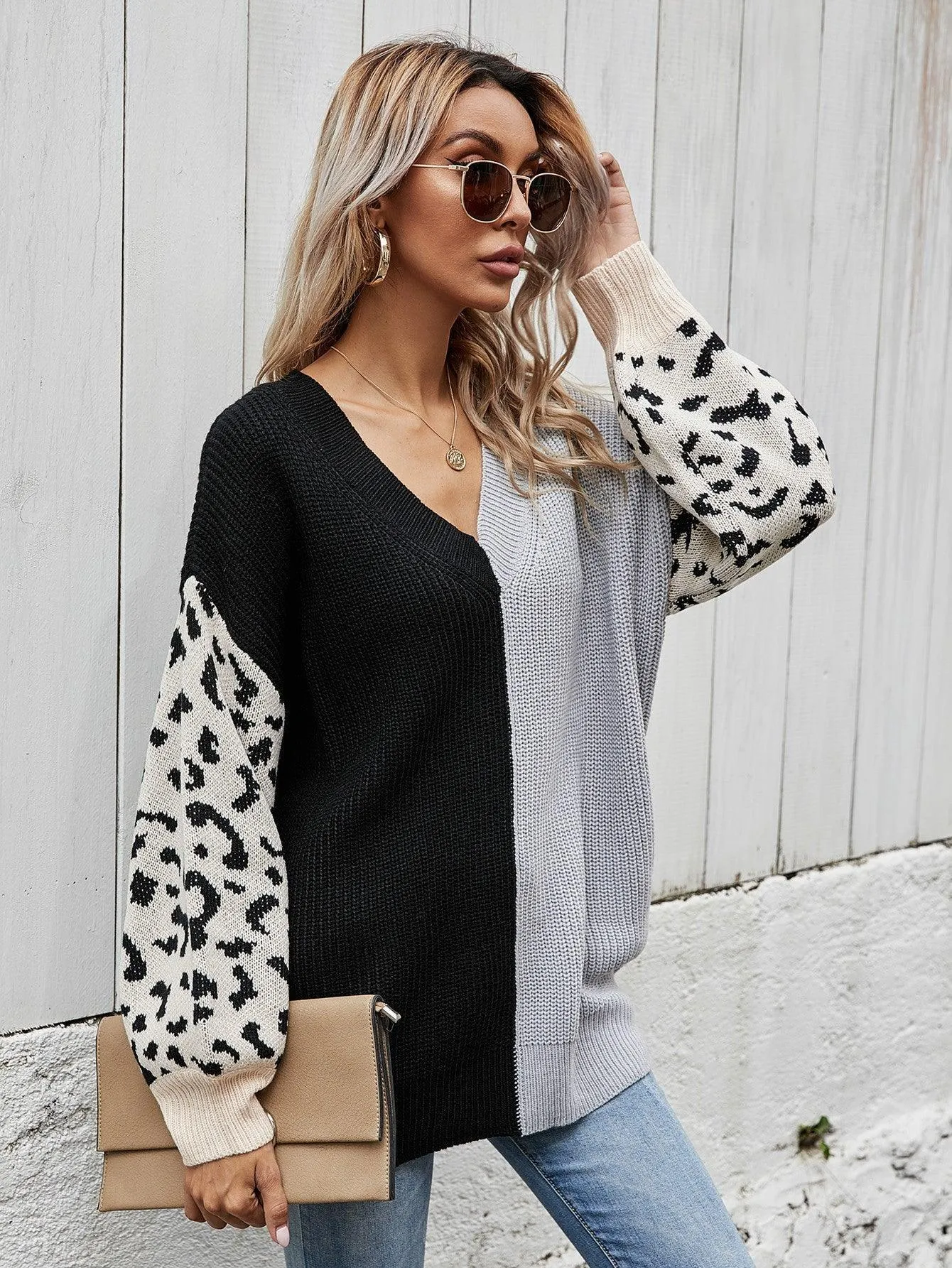 Hazel Blues® | Leopard Color Block V-Neck Tunic Pullover Sweater