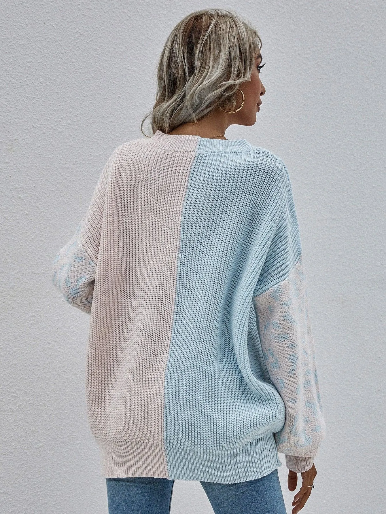 Hazel Blues® | Leopard Color Block V-Neck Tunic Pullover Sweater