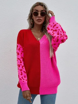Hazel Blues® | Leopard Color Block V-Neck Tunic Pullover Sweater