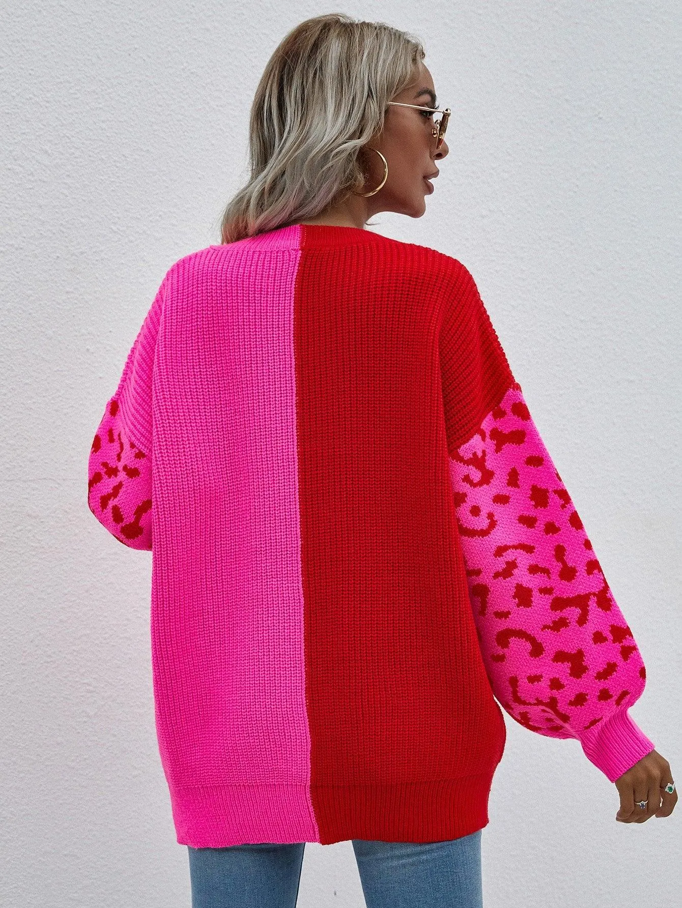 Hazel Blues® | Leopard Color Block V-Neck Tunic Pullover Sweater