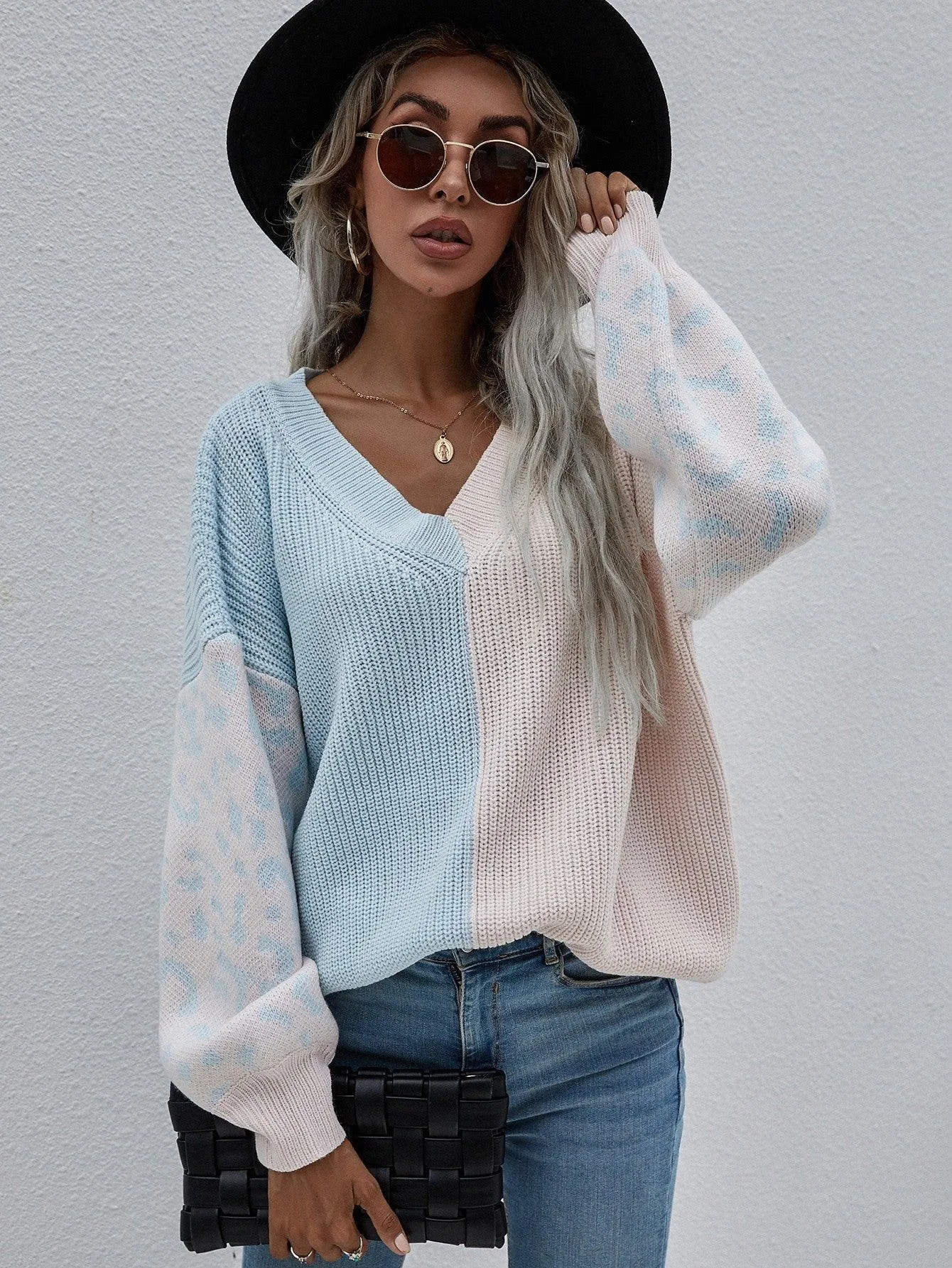 Hazel Blues® | Leopard Color Block V-Neck Tunic Pullover Sweater