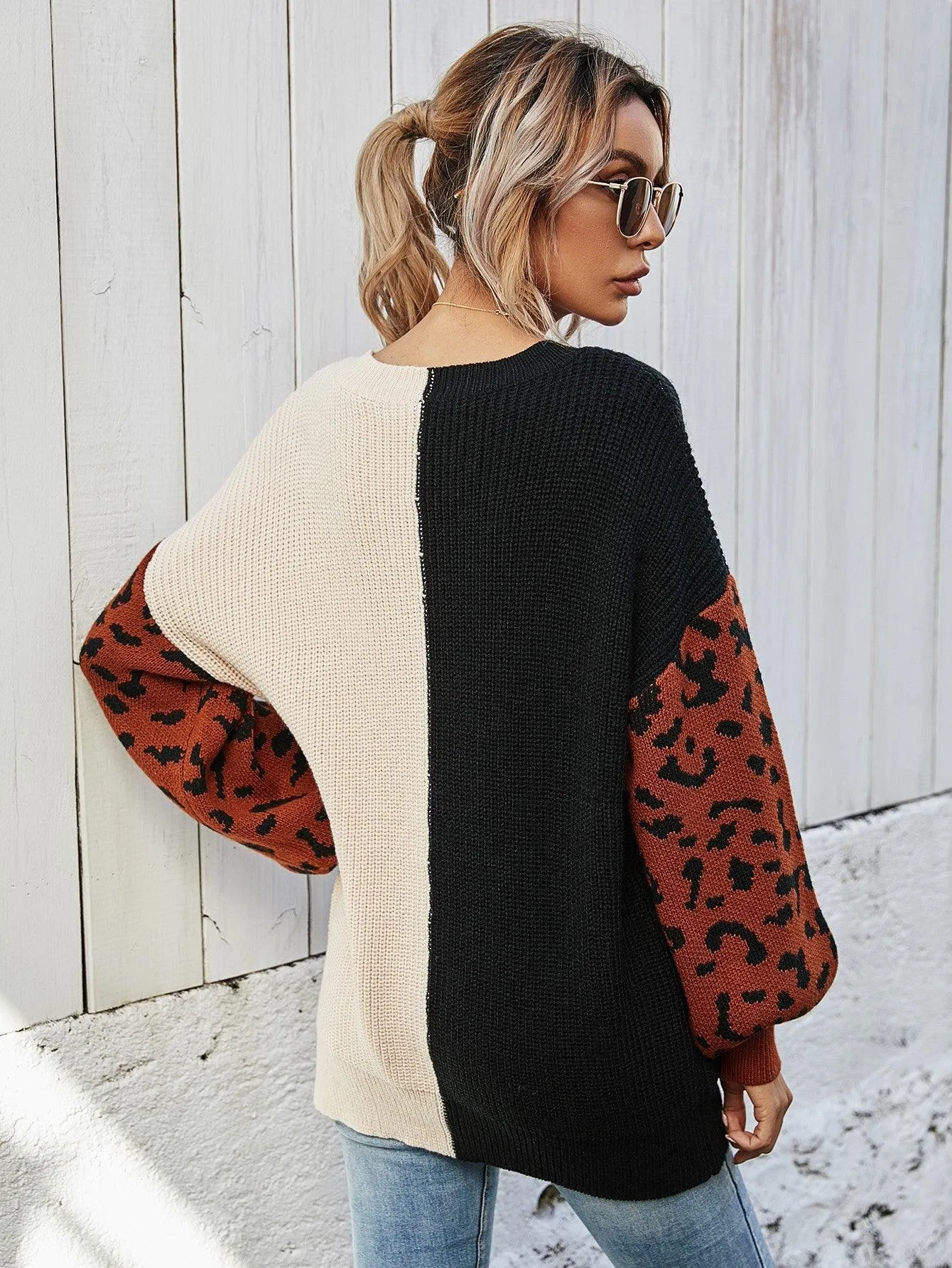 Hazel Blues® | Leopard Color Block V-Neck Tunic Pullover Sweater