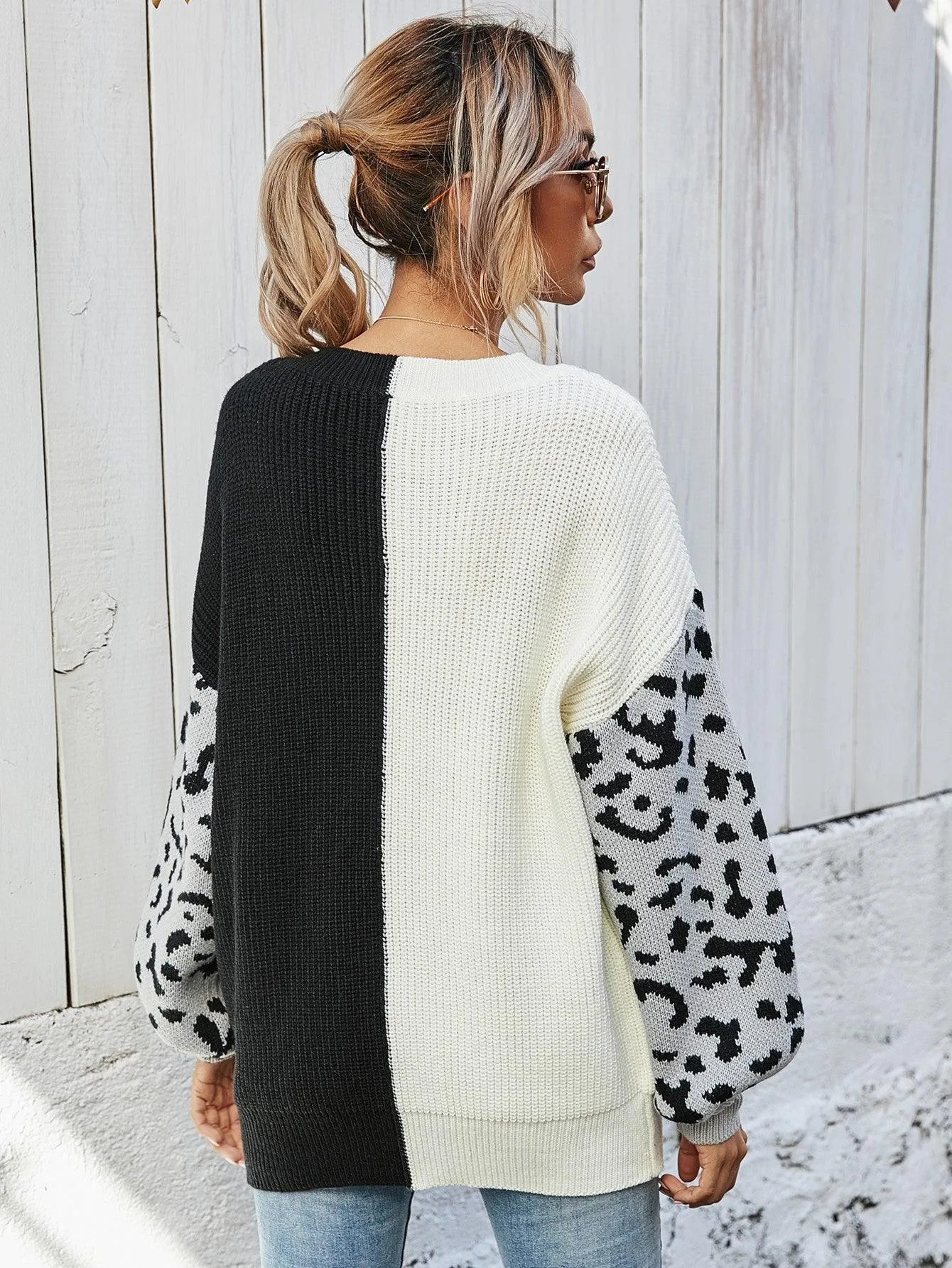 Hazel Blues® | Leopard Color Block V-Neck Tunic Pullover Sweater