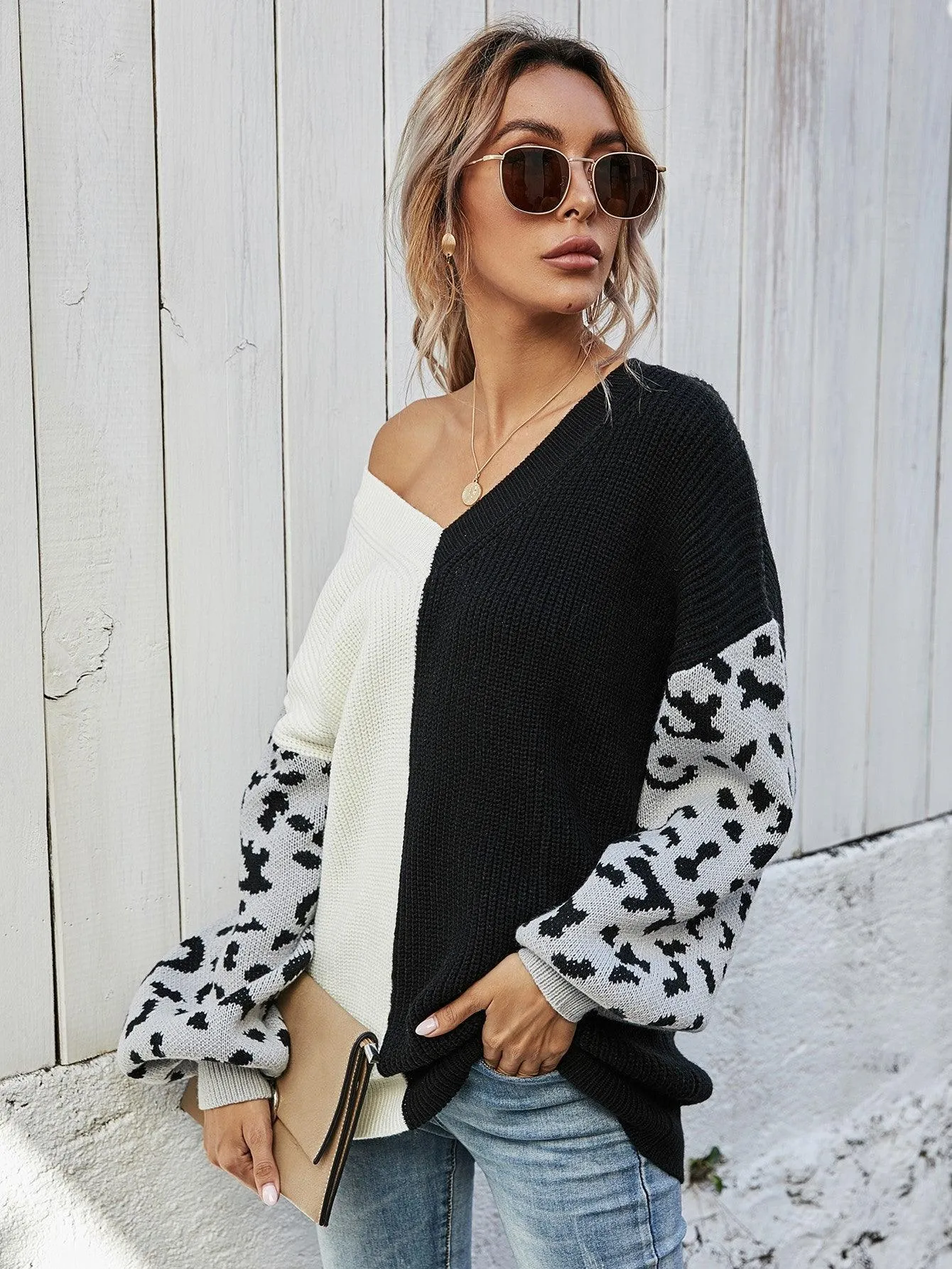 Hazel Blues® | Leopard Color Block V-Neck Tunic Pullover Sweater