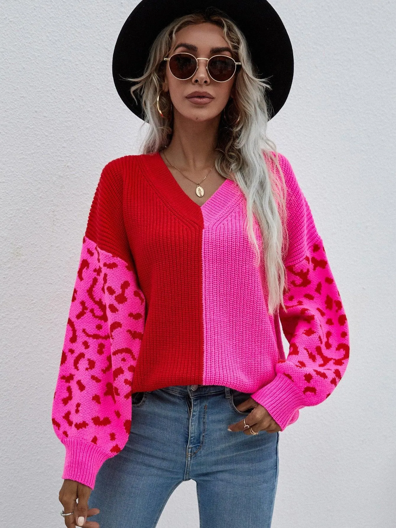 Hazel Blues® | Leopard Color Block V-Neck Tunic Pullover Sweater