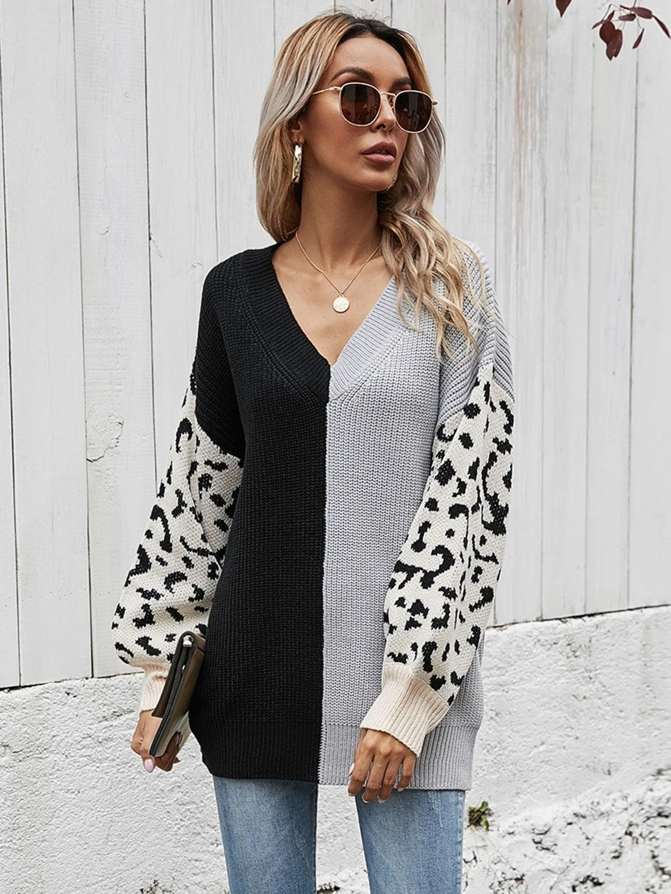 Hazel Blues® | Leopard Color Block V-Neck Tunic Pullover Sweater