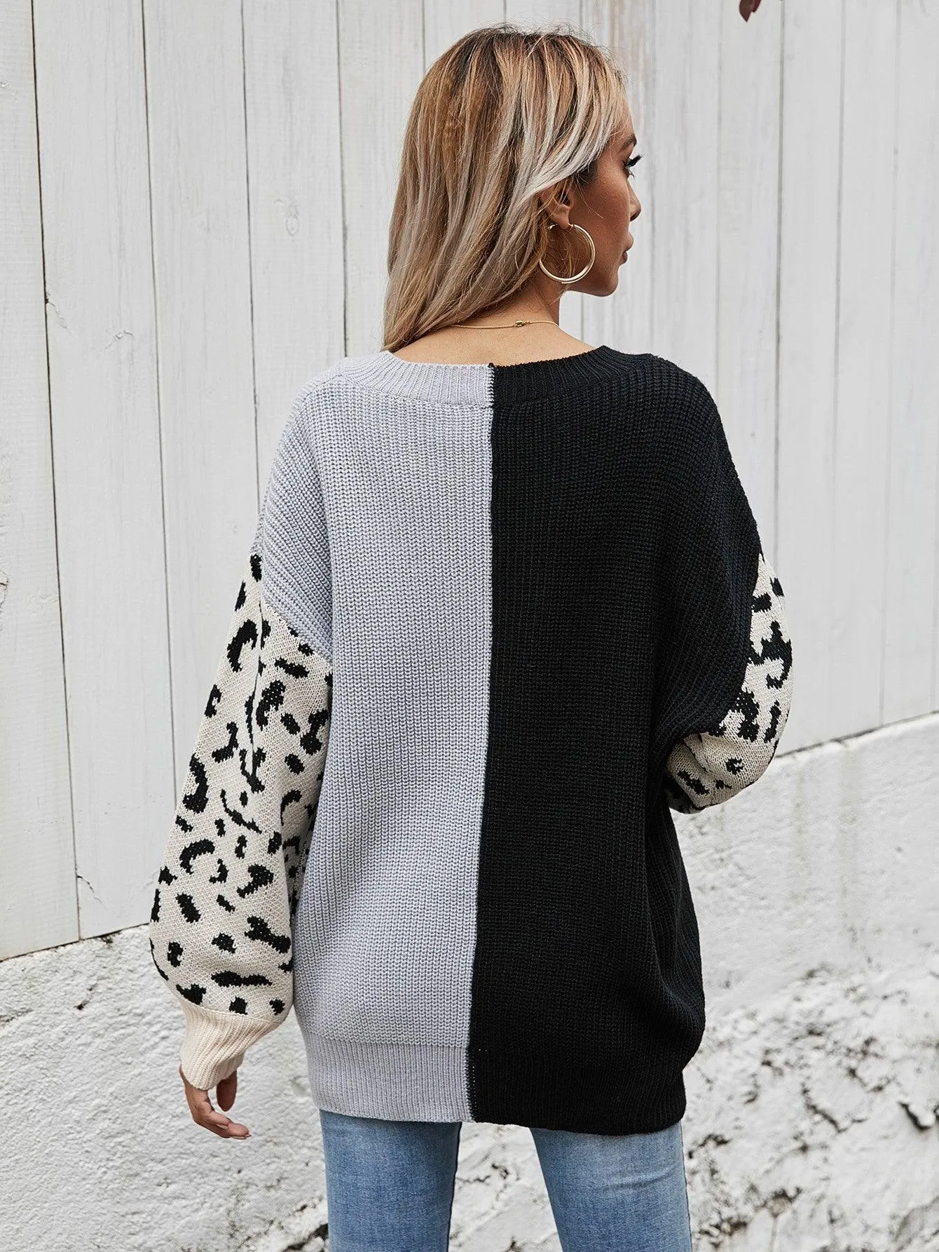 Hazel Blues® | Leopard Color Block V-Neck Tunic Pullover Sweater