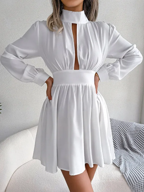High Neck Mini Dress with Hollowed Out Waist and Flared Skirt