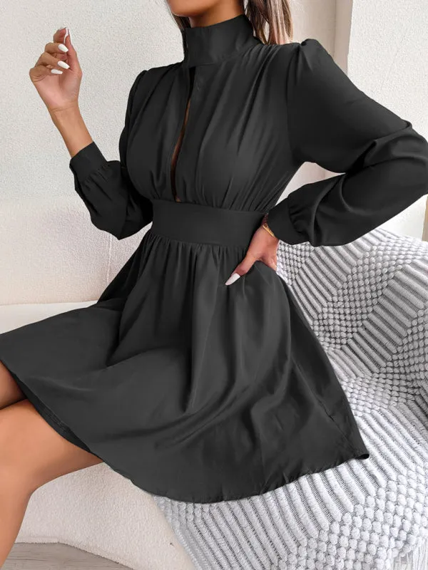 High Neck Mini Dress with Hollowed Out Waist and Flared Skirt