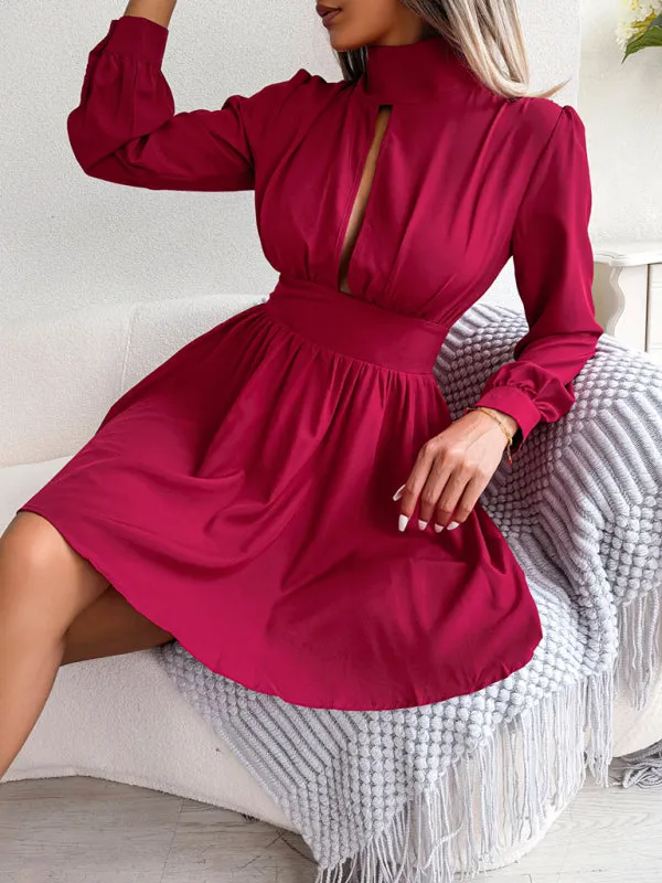 High Neck Mini Dress with Hollowed Out Waist and Flared Skirt