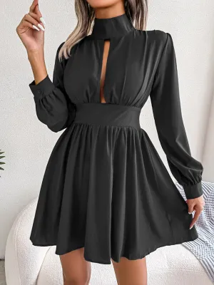 High Neck Mini Dress with Hollowed Out Waist and Flared Skirt