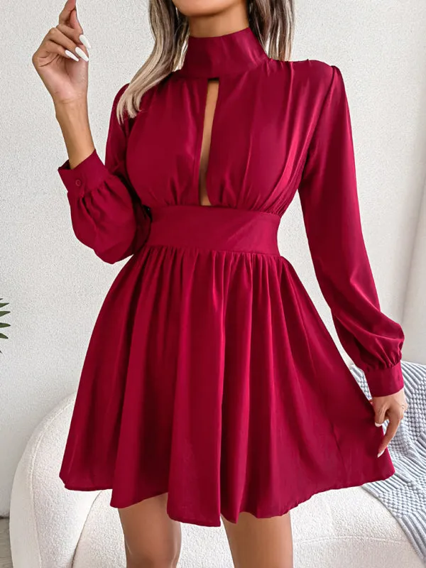 High Neck Mini Dress with Hollowed Out Waist and Flared Skirt