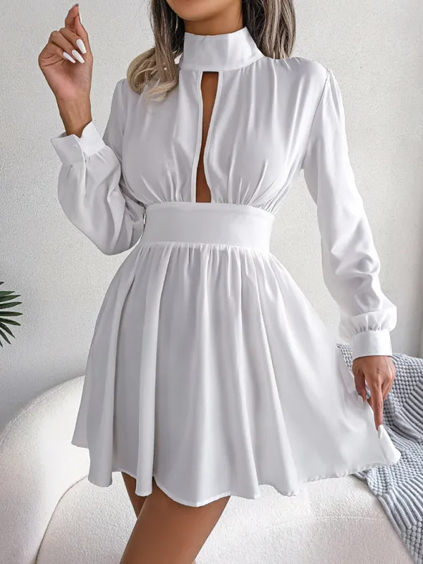High Neck Mini Dress with Hollowed Out Waist and Flared Skirt