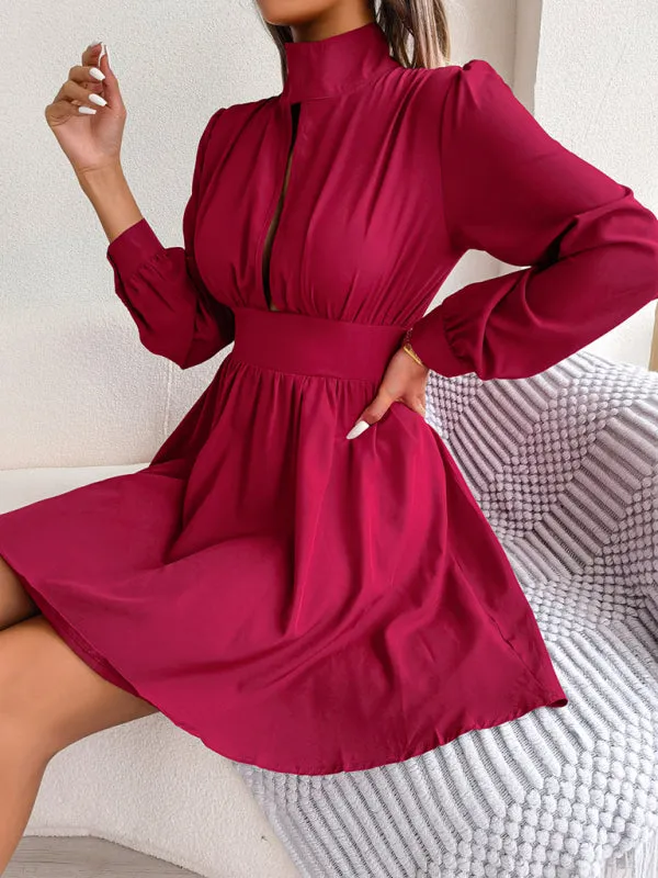 High Neck Mini Dress with Hollowed Out Waist and Flared Skirt