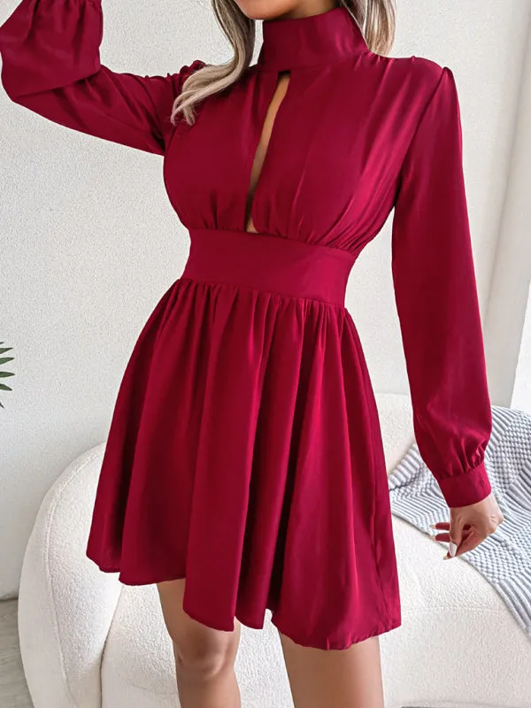 High Neck Mini Dress with Hollowed Out Waist and Flared Skirt