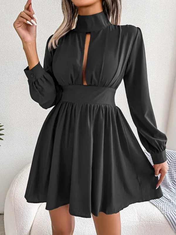 High Neck Mini Dress with Hollowed Out Waist and Flared Skirt