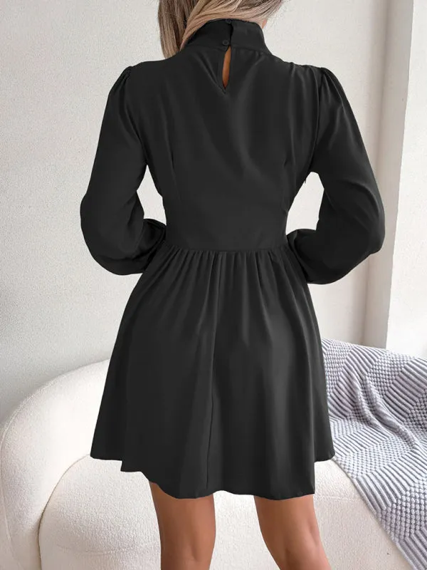 High Neck Mini Dress with Hollowed Out Waist and Flared Skirt