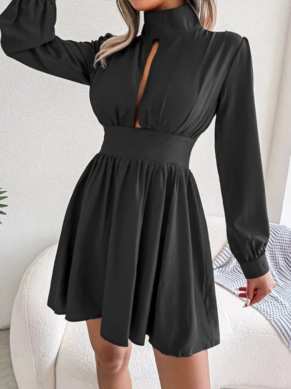 High Neck Mini Dress with Hollowed Out Waist and Flared Skirt