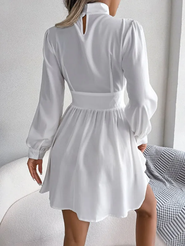 High Neck Mini Dress with Hollowed Out Waist and Flared Skirt