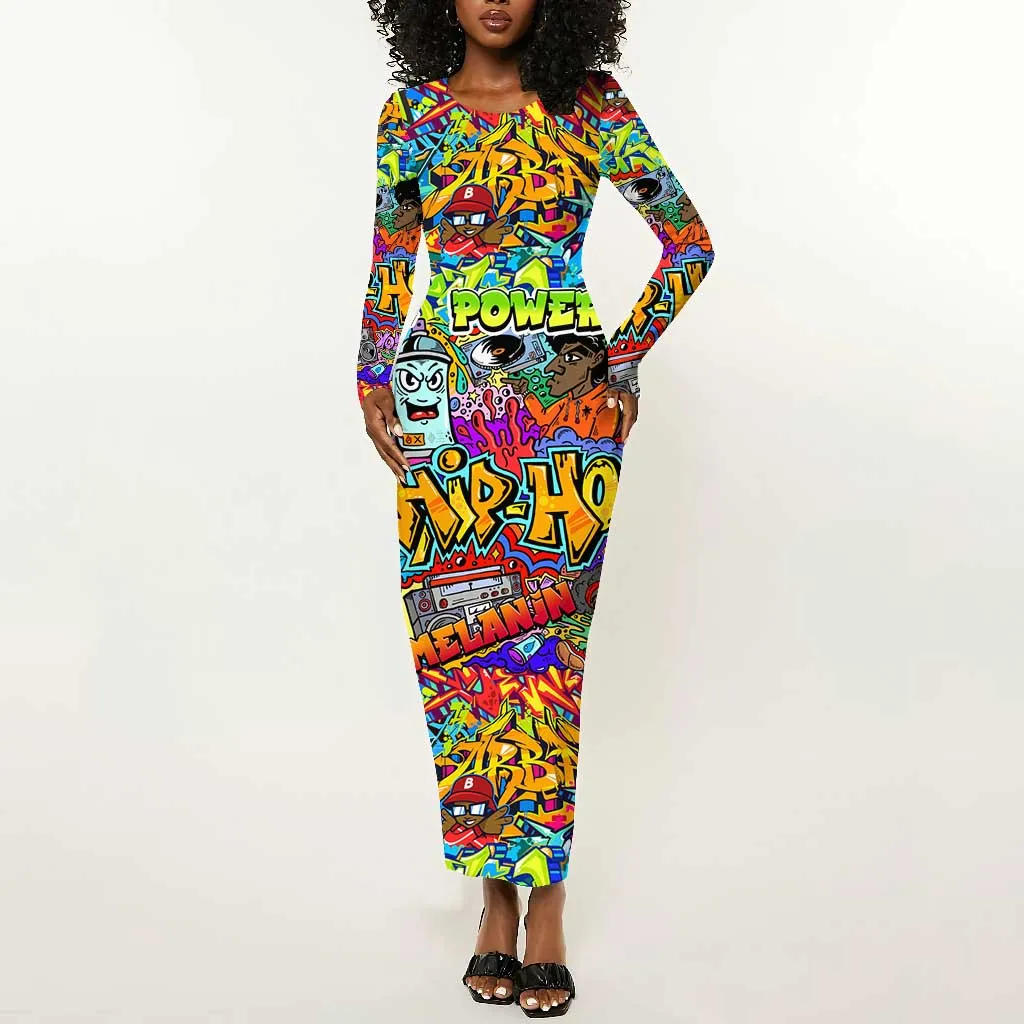 Hip Hop Graffiti Art Long Sleeve Bodycon Dress Black Power DT02