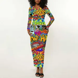 Hip Hop Graffiti Art Long Sleeve Bodycon Dress Black Power DT02