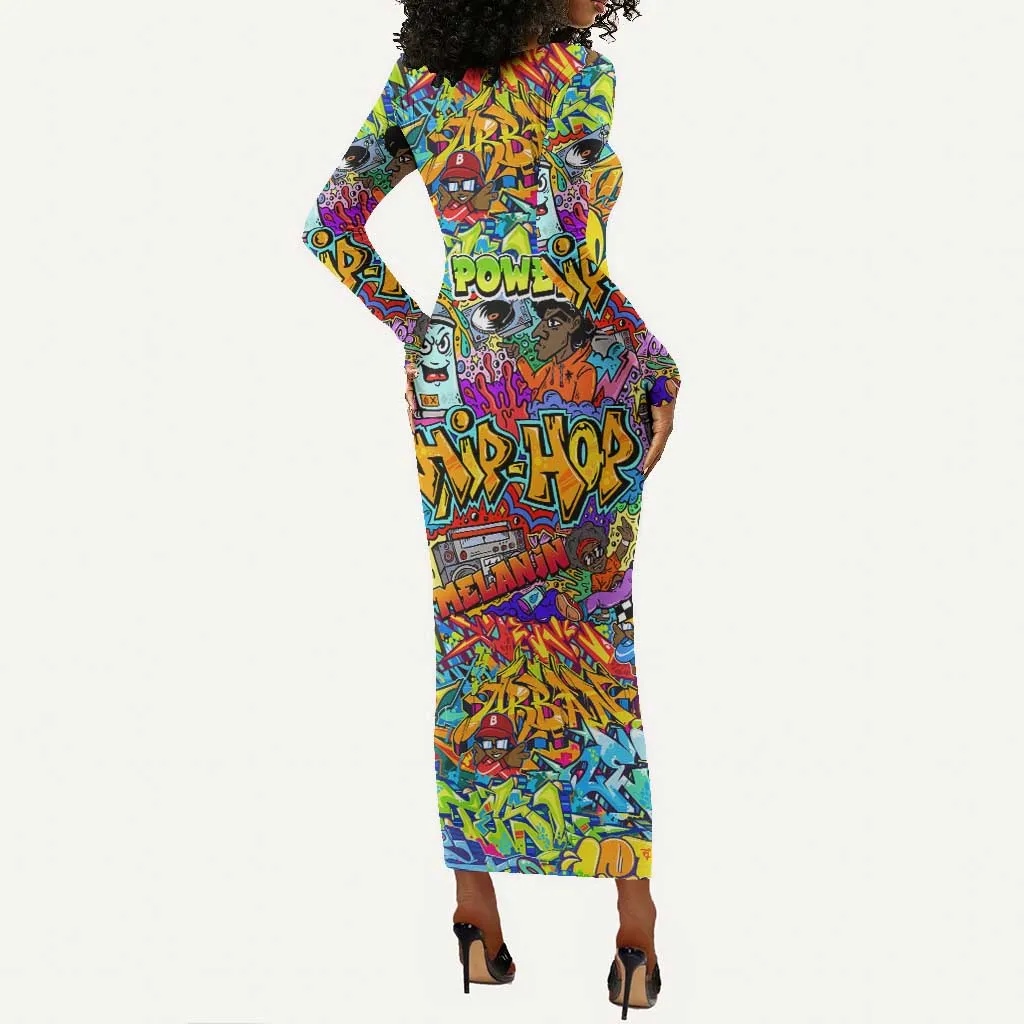 Hip Hop Graffiti Art Long Sleeve Bodycon Dress Black Power DT02