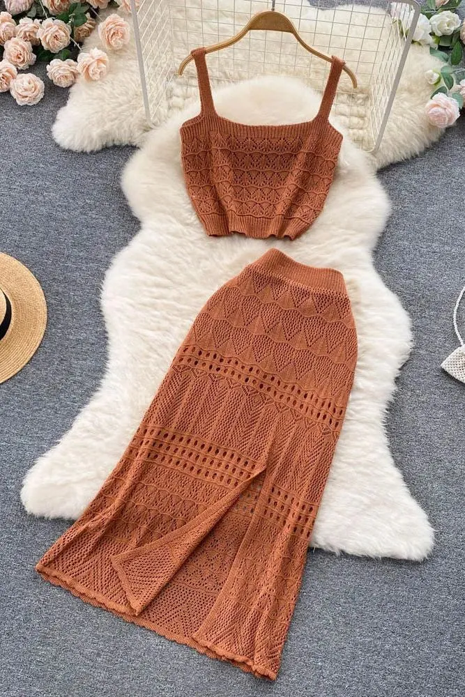 Hollow Out Two Piece Set Vacation Short Tank Tops   High Waist Split Skirts Suits