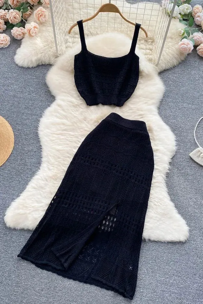 Hollow Out Two Piece Set Vacation Short Tank Tops   High Waist Split Skirts Suits