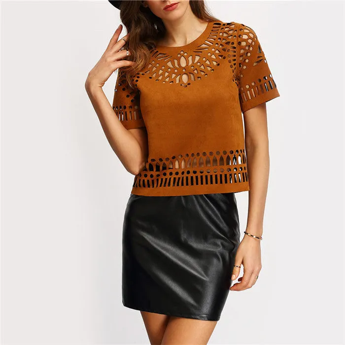 Hollow Out Zipper Blouses Style Casual Women's Shirts Coffee Short Sleeve Crew Neck Blouse