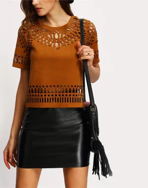 Hollow Out Zipper Blouses Style Casual Women's Shirts Coffee Short Sleeve Crew Neck Blouse