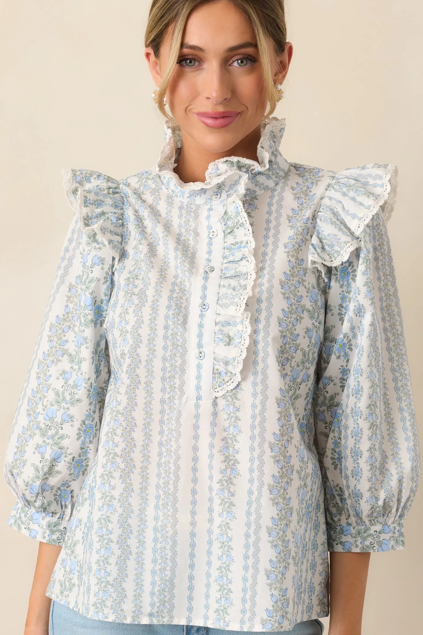 Hummingbird’s Haven Cotton Blue Flutter Sleeve Blouse