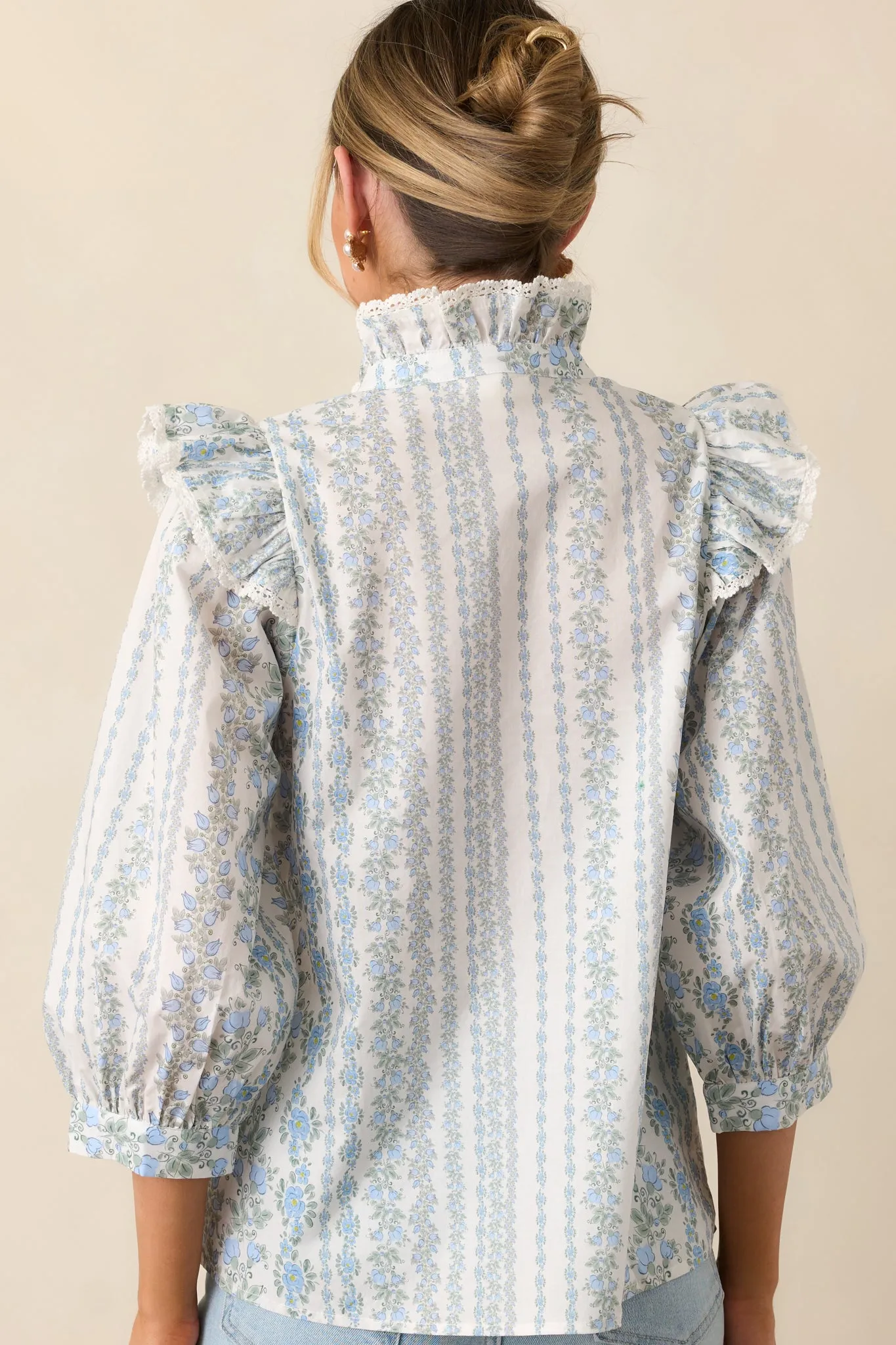 Hummingbird’s Haven Cotton Blue Flutter Sleeve Blouse