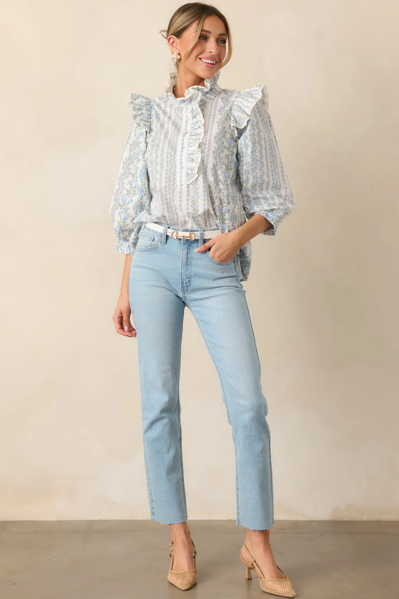 Hummingbird’s Haven Cotton Blue Flutter Sleeve Blouse