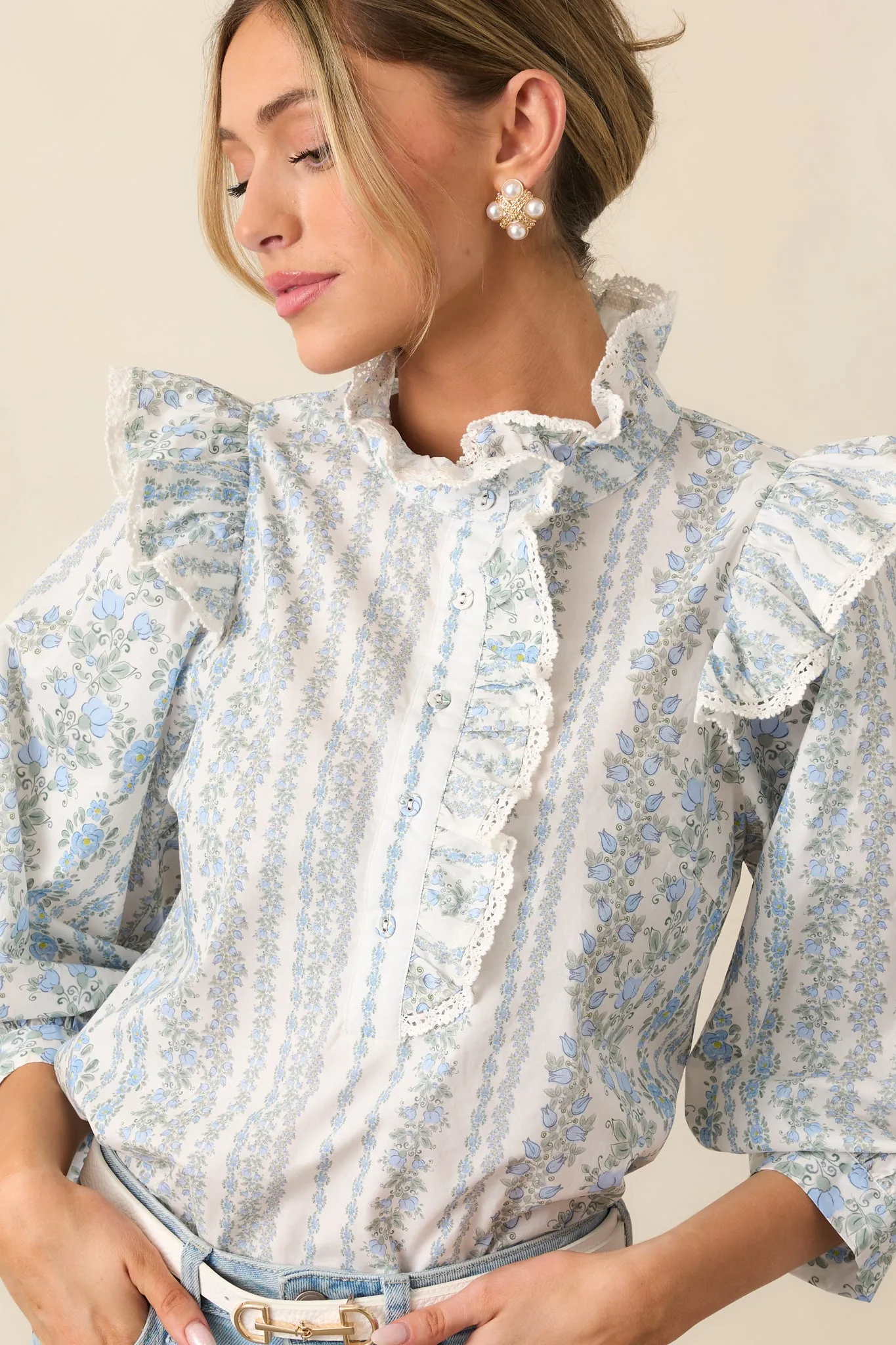 Hummingbird’s Haven Cotton Blue Flutter Sleeve Blouse