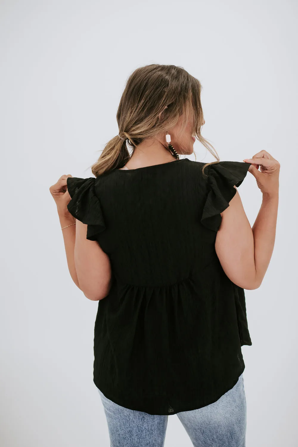 In The Know Ruffle Sleeve Blouse, Black
