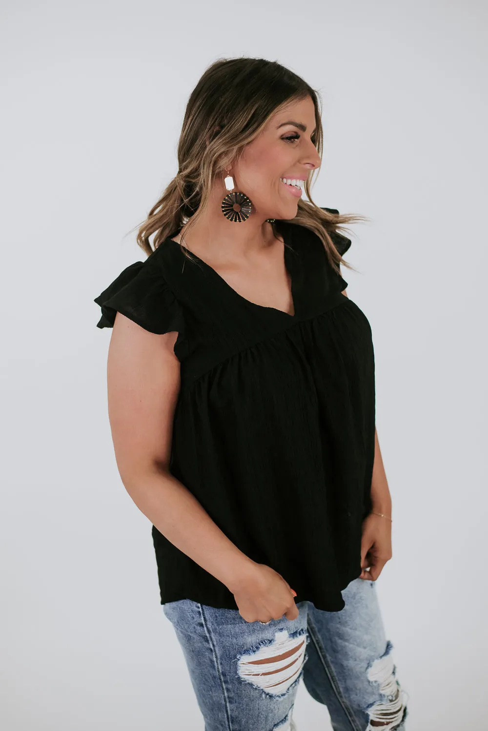 In The Know Ruffle Sleeve Blouse, Black