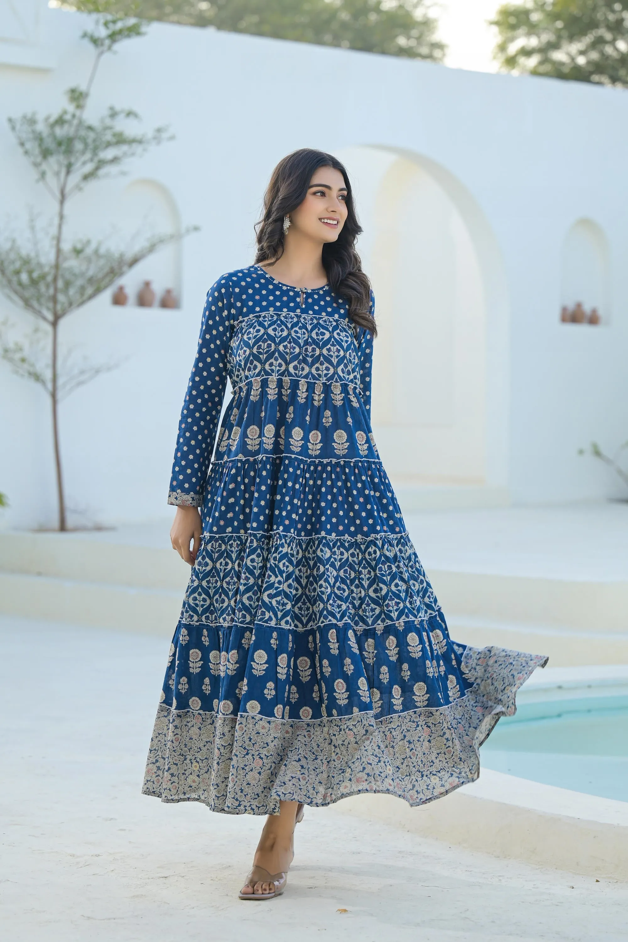 Indigo Ethnic Motif Printed Cotton Long Dress With Sequins & Thread Work