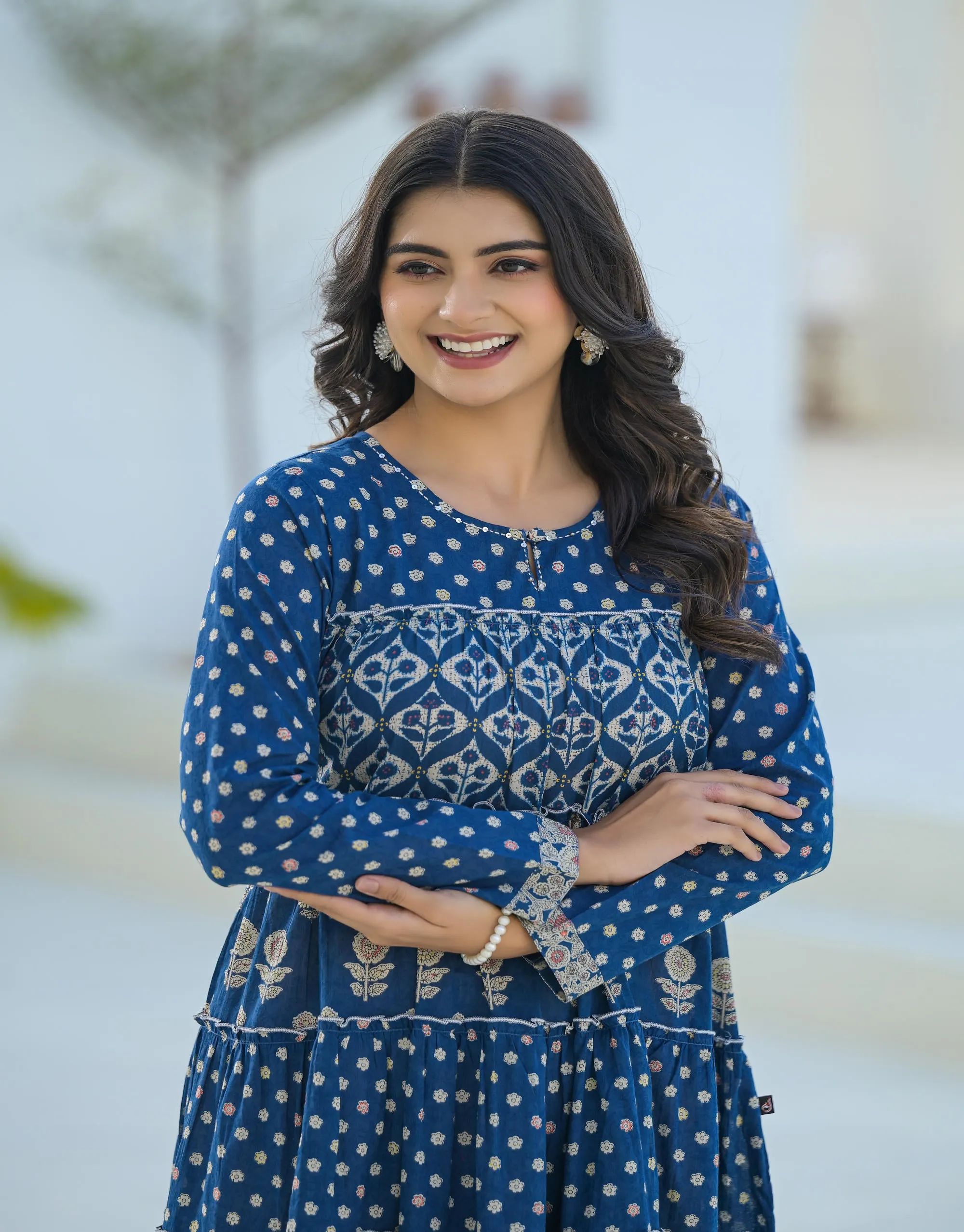 Indigo Ethnic Motif Printed Cotton Long Dress With Sequins & Thread Work