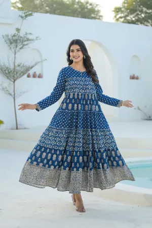 Indigo Ethnic Motif Printed Cotton Long Dress With Sequins & Thread Work